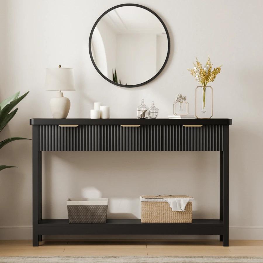 Furniture Fluted Console Table with Drawers, Modern 47.1" Entryway Table with Storage Shelf, Boho Narrow Skinny Behind Couch Wood Sofa Table for Living Room Hallway Entrance Foyer