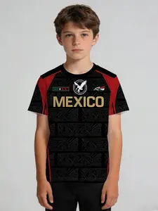 Boys' Sports T-shirt "Aztec Totem & Eagle Badge Mexico Print" Black & Red Crew Neck Short Sleeve, Soft, Sweat-Absorbent & Non-deformable, Ideal for PE, Soccer, Outdoor & Mexico-Themed Parties, Machine Washable, Summer Casual Gift for Kids