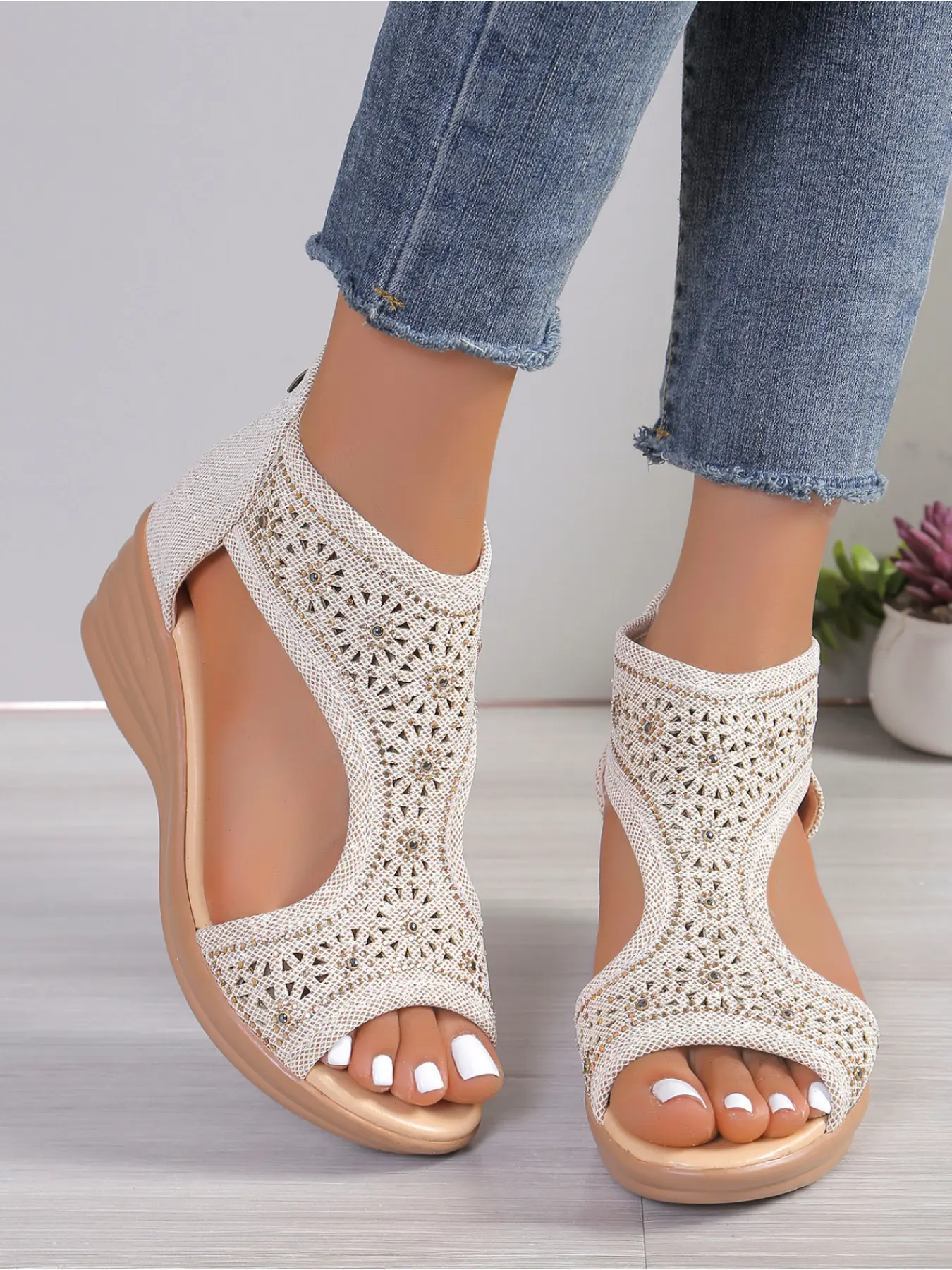 Cushioned Insole Cutout Fabric Wedge Sandals - Easy Zip Closure Non Slip All Day Walking Platform Sandals