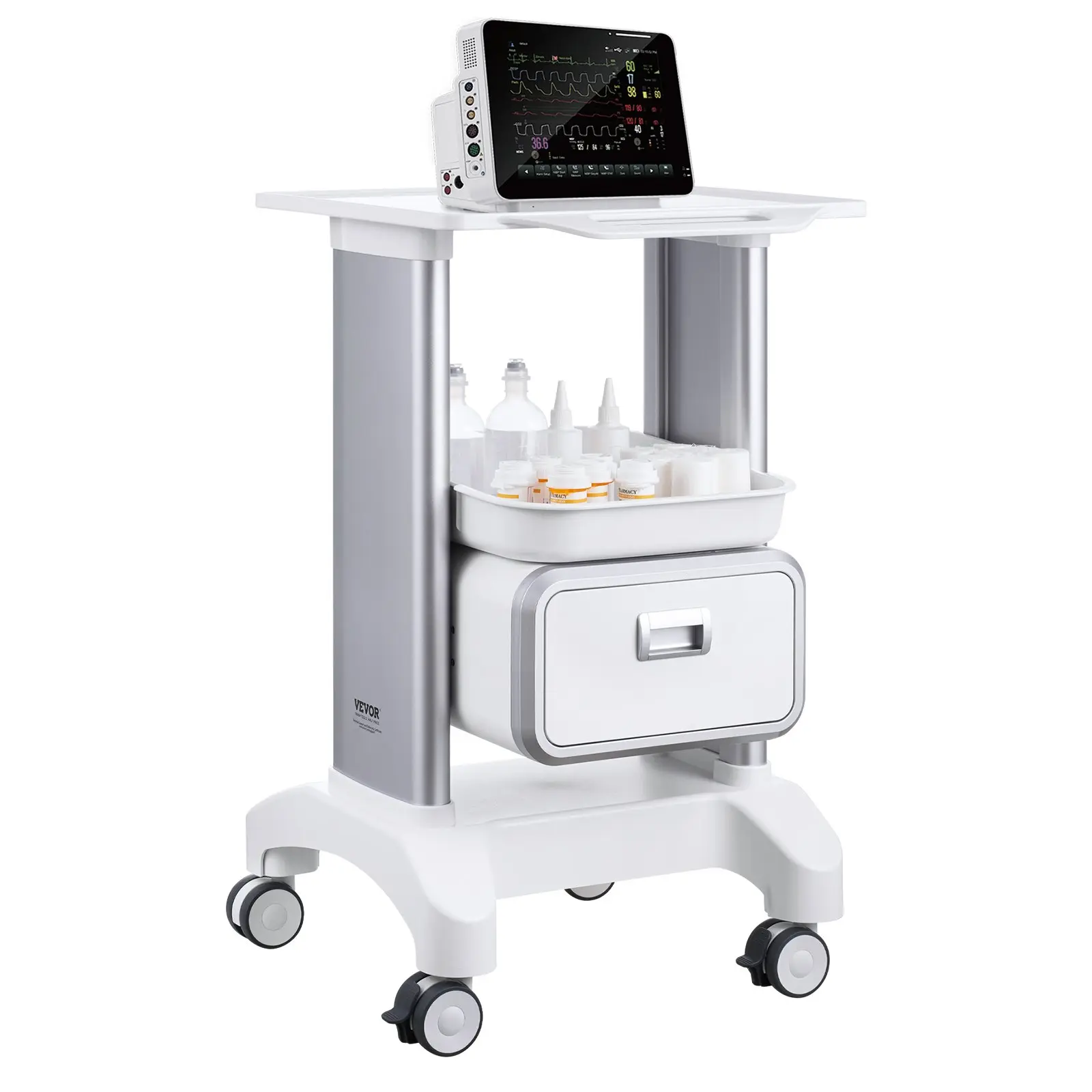 【Summerfinds】VEVOR 2 Tiers Lab Carts, Lab Utility Cart with 1 Drawer & 1 Top Tray, Mobile Medical Cart with ABS Material, Lab Rolling Cart with 4 Silent Wheels for Lab, Clinic, Hospital, Salon, White