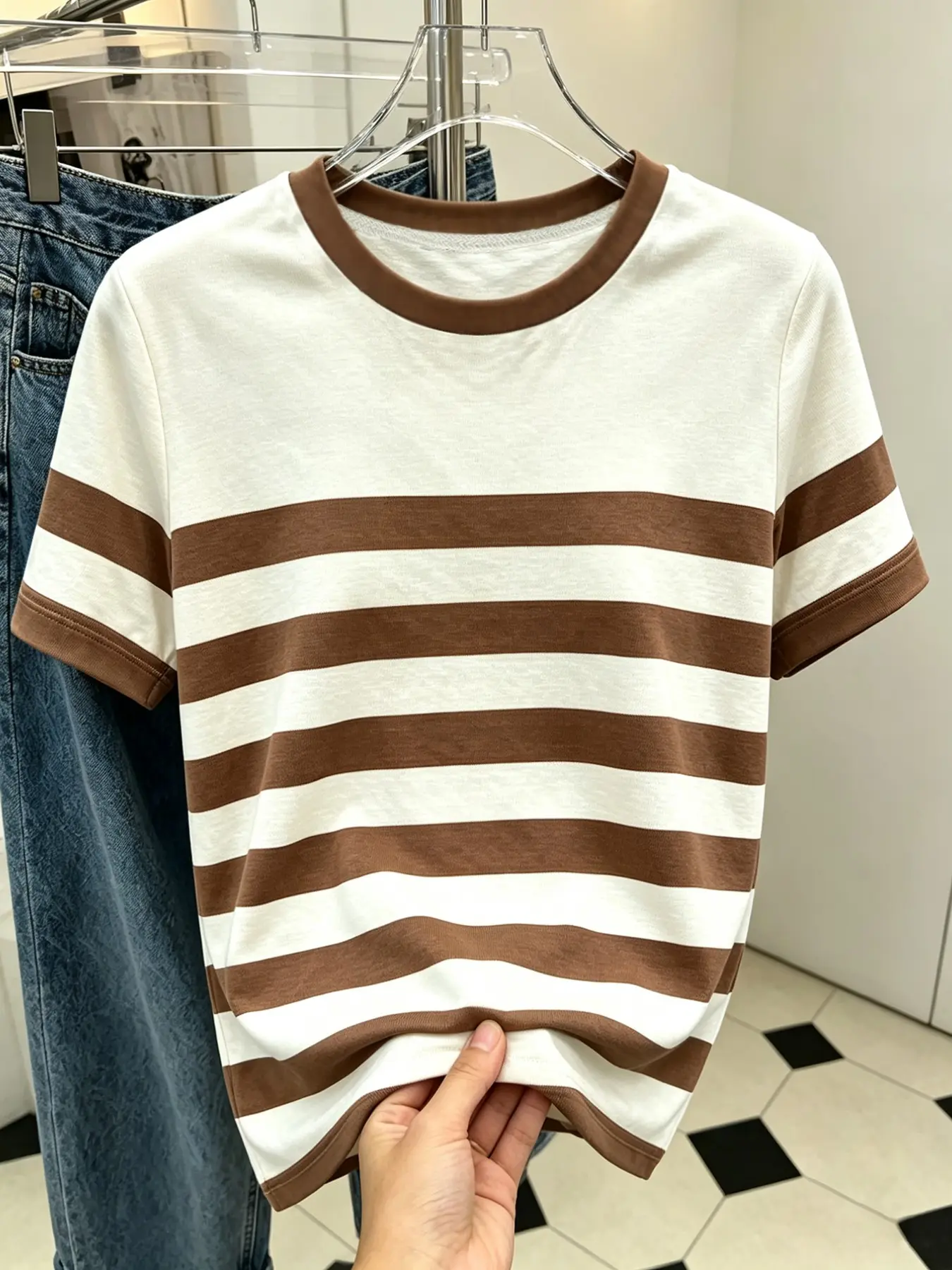 Women's Printed Striped T-Shirt, Round Neck Short Sleeve, Casual Slim Fit, All Seasons, Perfect for Daily Wear & Vacation, Casual Tee Shirts