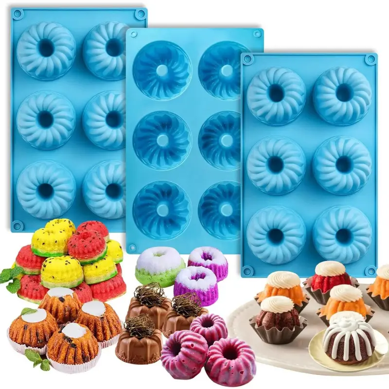 3-Count 6-Cavity Non-Stick Mini Fluted Tube Baking Pan, Multi-Cavity Small Cake Bake Mold for Chocoflan