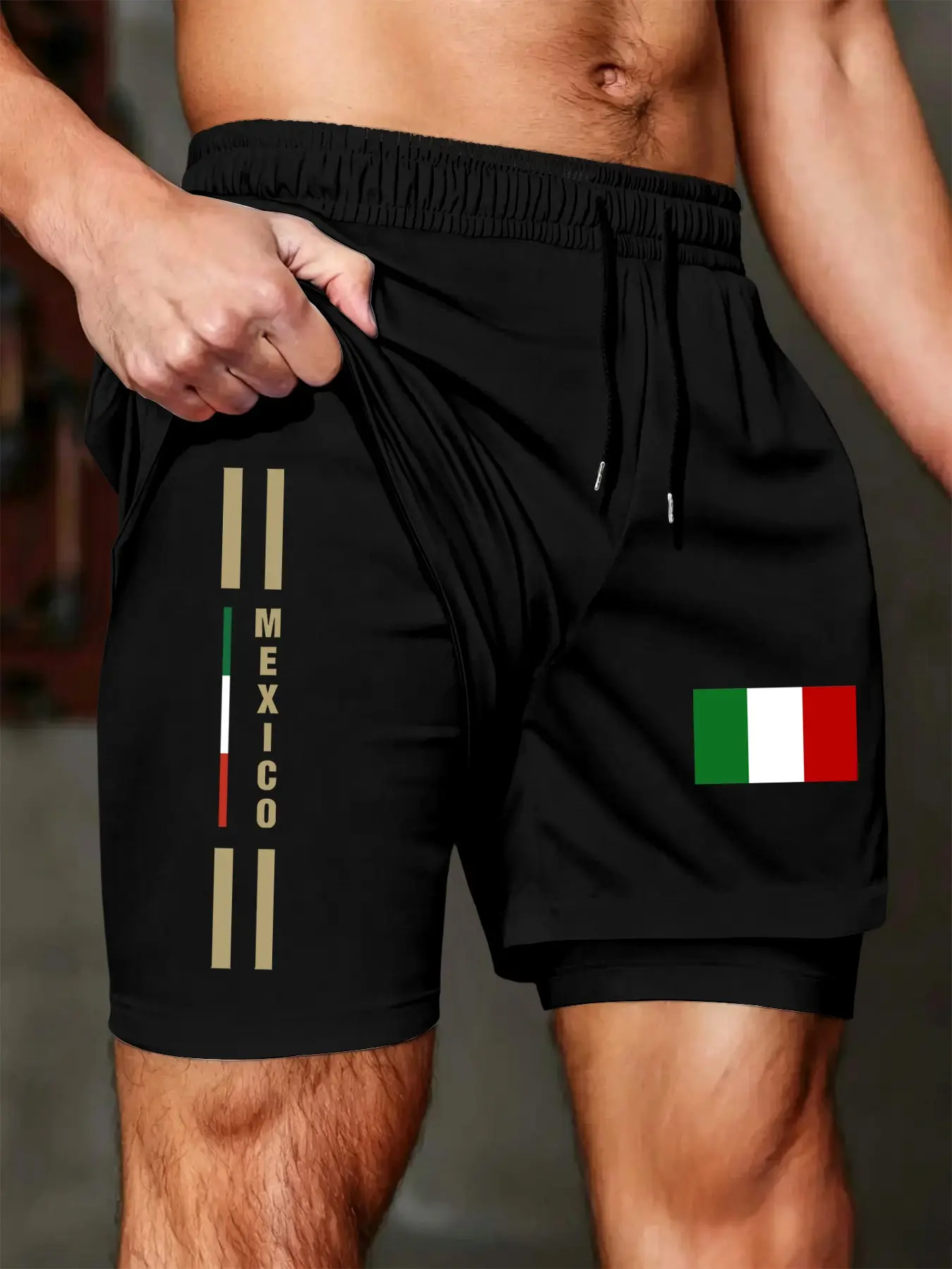 Mexico Flag Letter Dual-Layer Quick-Dry Loose Shorts, Ice Silk Elastic Fabric, Sporty Style, All Seasons, Men's Cycling Fitness Pants