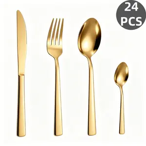 24Pcs Food Grade Gold Stainless Steel Cutlery Set, Modern Smooth Tapered Handle Flatware, Mirror Finish Tableware, Mirror Polished Rust Resistant Dishwasher Safe, for Home Daily Dining, Apartment, Office & Holiday Gifts