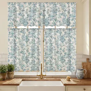 Blue Floral Kitchen Curtain Set Vintage Window Curtains and Valances Rod Pocket Valance and Tier Set for Bedroom Kitchen Cafe Living Room Bathroom, 54''x18'' & 27.5''x36'' 2panels