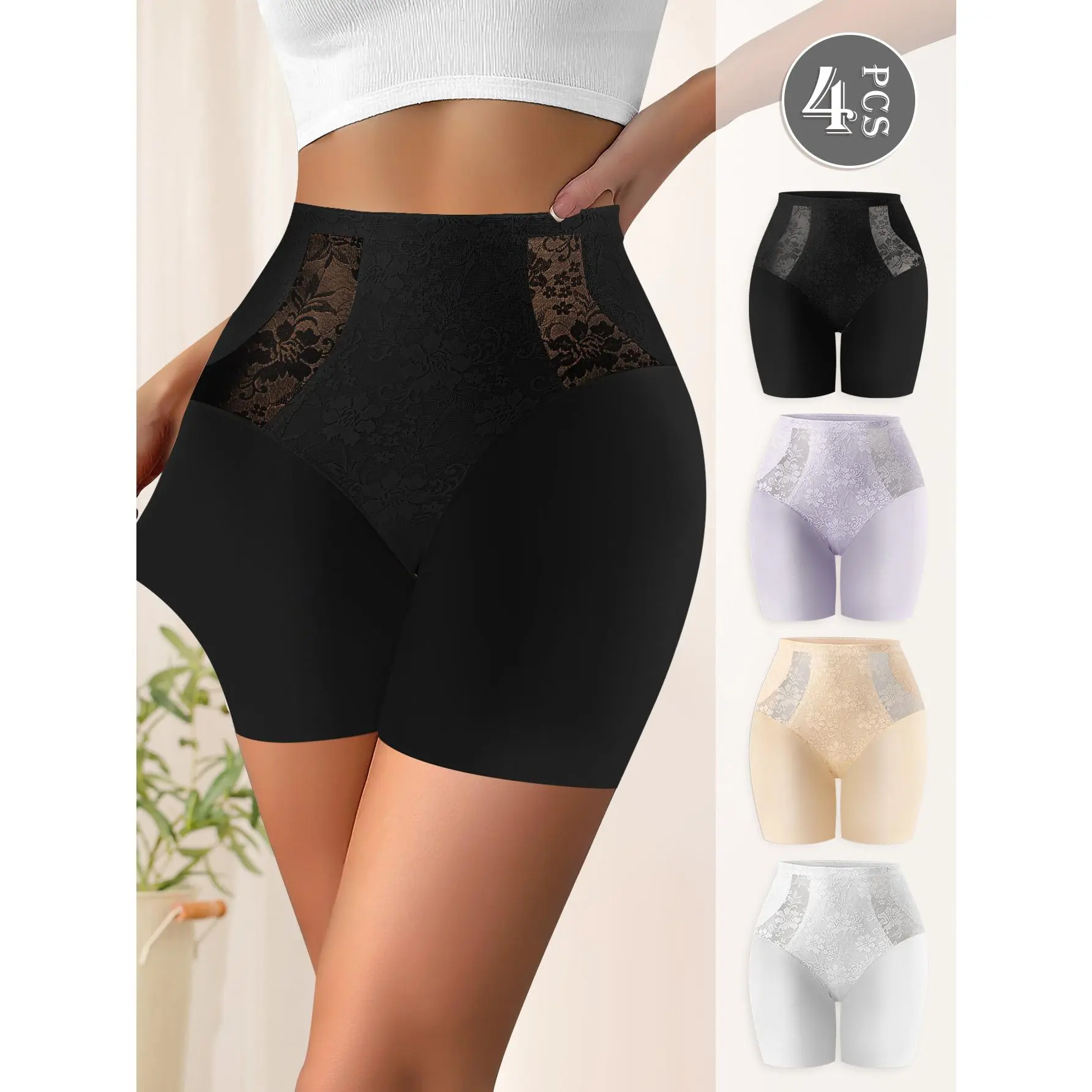 QUASTI 4 Pack High Waist Safety Shorts, Dual-Sided Nylon Lace Spliced Shapewear Underwear, Breathable Anti-Chafing Slip Shorts for Women, S-4XL