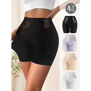 QUASTI 4 Pack High Waist Safety Shorts, Dual-Sided Nylon Lace Spliced Shapewear Underwear, Breathable Anti-Chafing Slip Shorts for Women, S-4XL