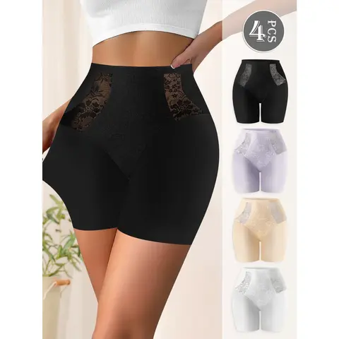 QUASTI 4 Pack High Waist Safety Shorts, Dual-Sided Nylon Lace Spliced Shapewear Underwear, Breathable Anti-Chafing Slip Shorts for Women, S-4XL