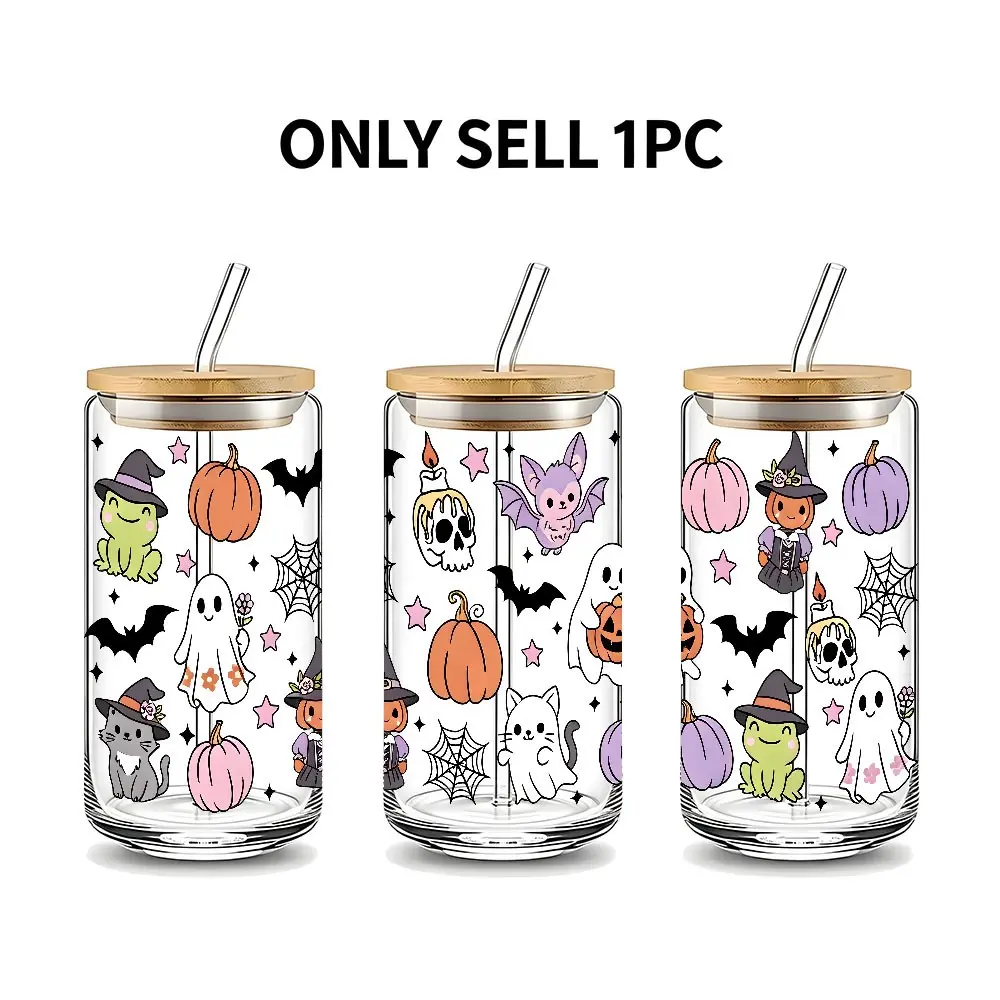 Cute Cartoon Halloween Theme 16oz Glass Can Cup with Lid and Straw, Reusable Glass Drinking Cup, Glass Jar for Iced Coffee, Hot Chocolate, Cold Drinks, Whimsical Fall, Autumn Style Glassware, Perfect Gift for Halloween Lovers, Friend, Family