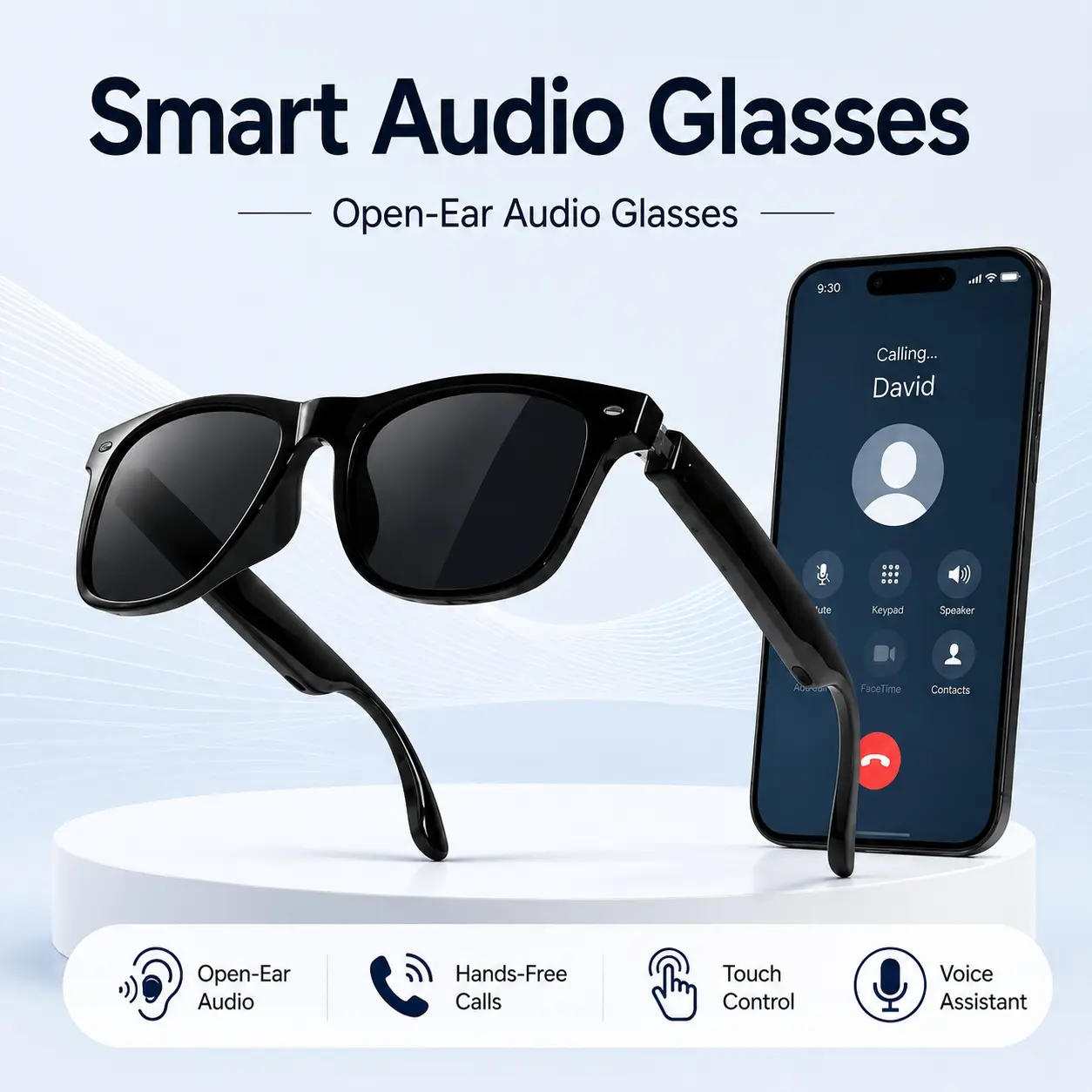 Smart Glasses, Bluetooth Audio Sunglasses with Open-Ear Speakers, Built in Mic, Music, Hands-Free Calls and Touch Control