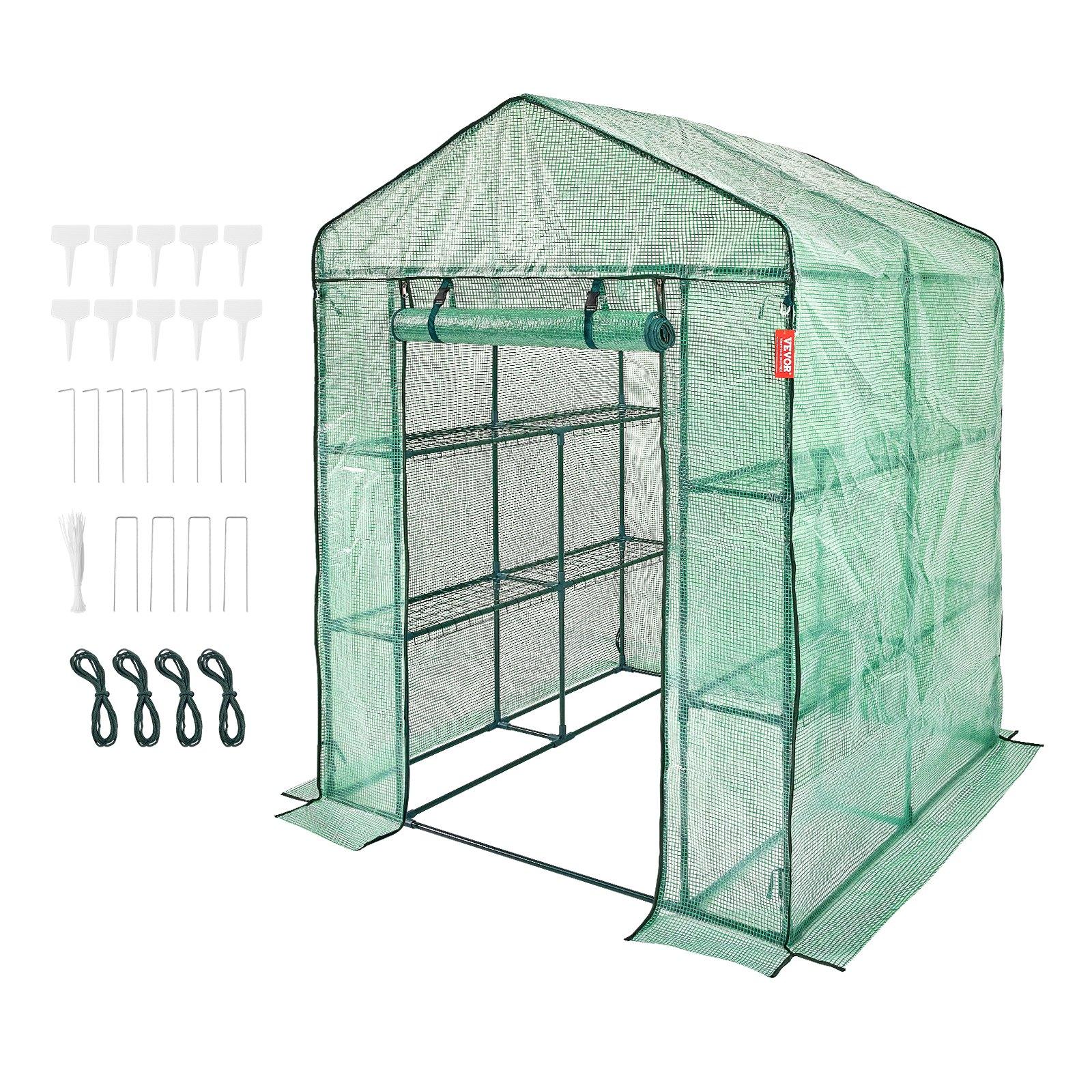 VEVOR Walk-in Green House, 4.6 x 4.6 x 6.6 ft , Greenhouse with Shelves, High Strength PE Cover with Zipper Door and Steel Frame, Assembly in Minutes, Suitable for Planting and Storage