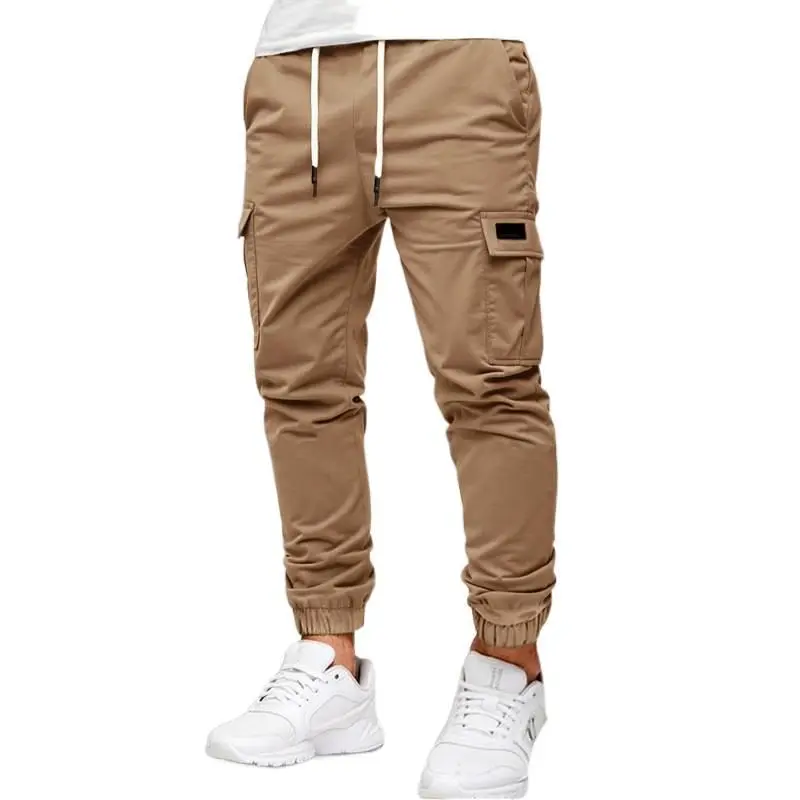 Men's Plain Solid Color Drawstring Elastic-Cuffed Cargo Pants, Menswear for Workwear & Fitness Casual Long Trousers
