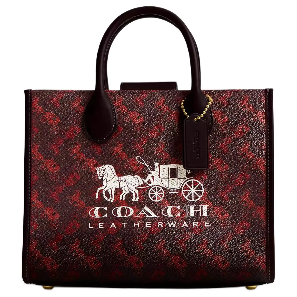 COACH Ace 26 Tote Bag for Women – Magnetic Snap Closure, Faux Leather with Genuine Leather Trim, Carriage Print, Purple and Oxblood