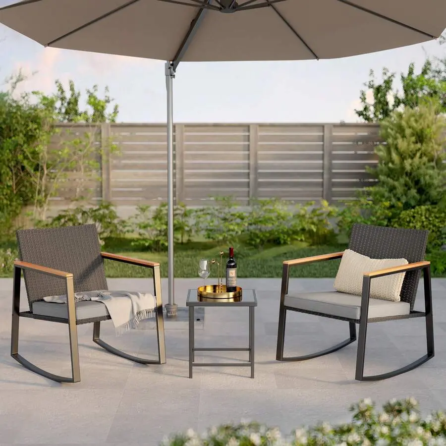 3-Piece Outdoor Rocking Camping Bistro Set With Anti-Scald Armrest, Sofa-Style Muebles Wicker Furniture Set With Glass Table & Cushions Patio Yard Porch Outdoor