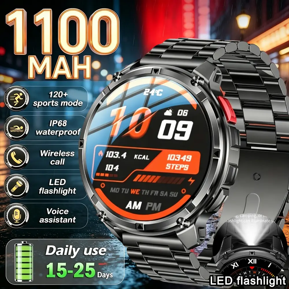 2026 New 1100mah Smartwatch, 1.7-Inch HD Touchscreen, Wireless Calling, LED Flashlight, Multiple Sports Modes, Alloy Case, Fashion Design