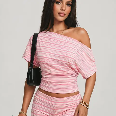 2-Piece Women's Pink & White Striped Off-shoulder Top & High Waist Shorts Set, Casual Loungewear Matching Set, Casual Fitted Set