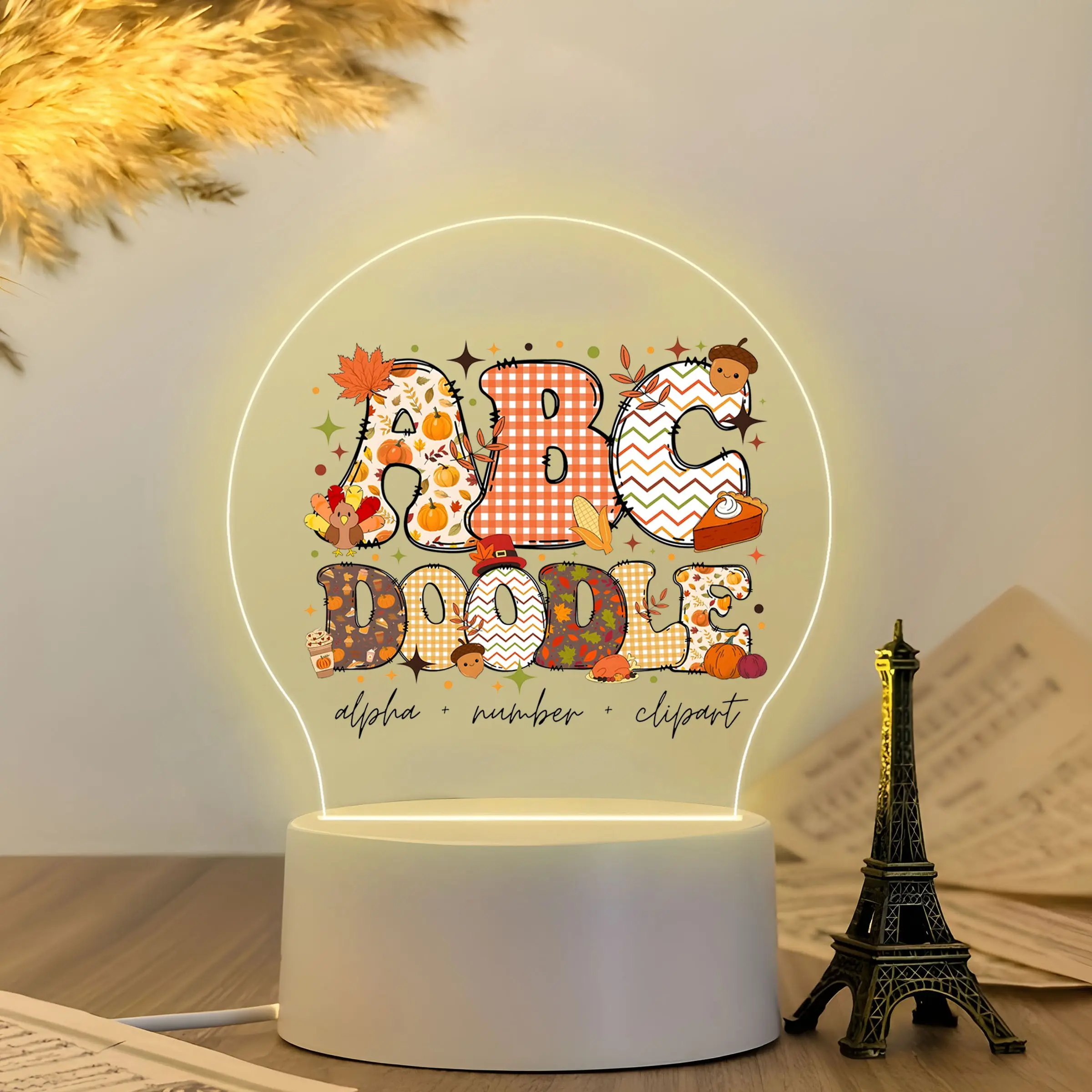 Acrylic Night Light with Thanksgiving Elements, Soft Warm Glow, Cartoon Hand-Drawn Style, Ideal for Kids' Room, Early Education, Gift