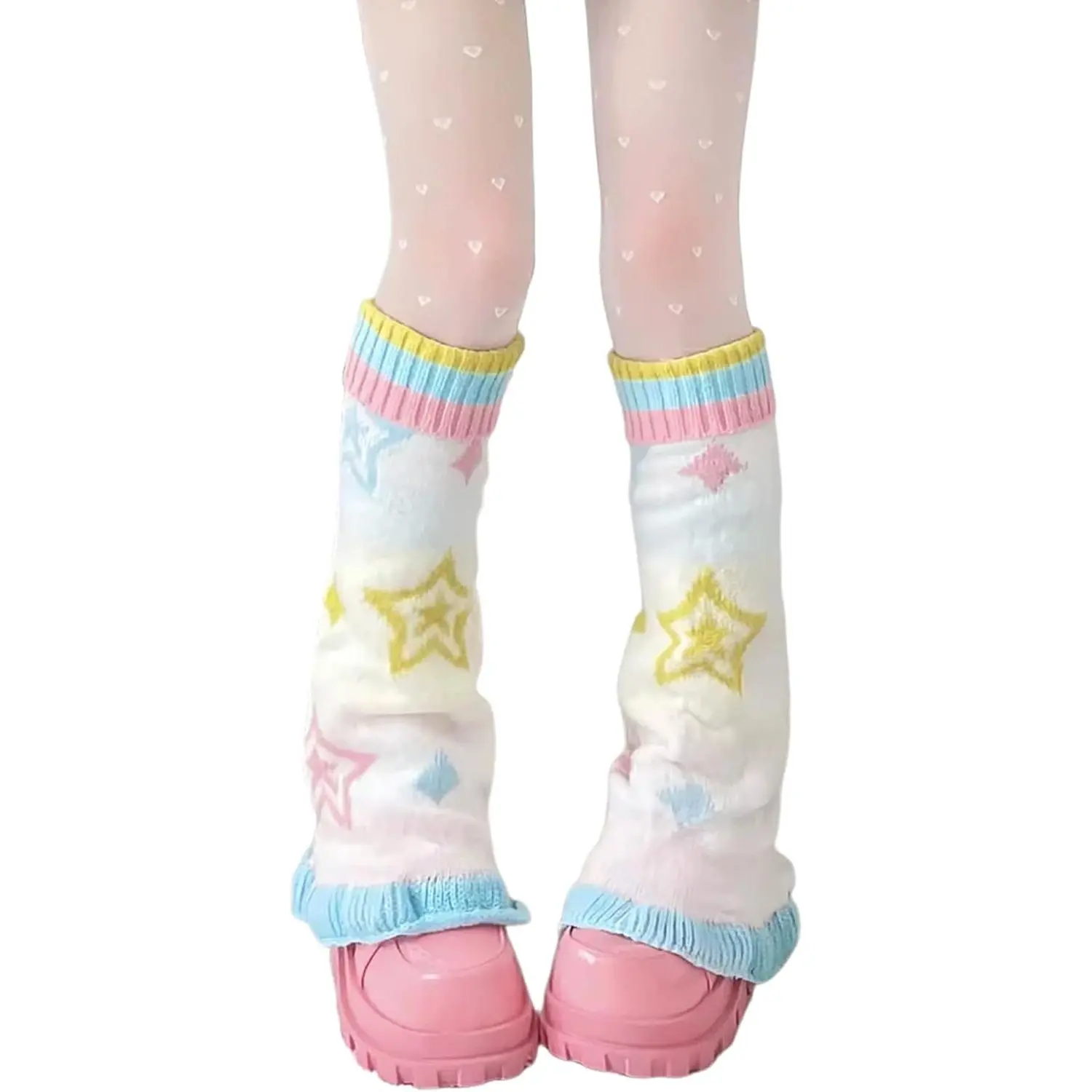 Leoparts Womens Knit Leg Warmers Y2K Star Pattern Flared Knee High Leg Sleeve Socks Goth Punk Harajuku Streetwear Leg Cover