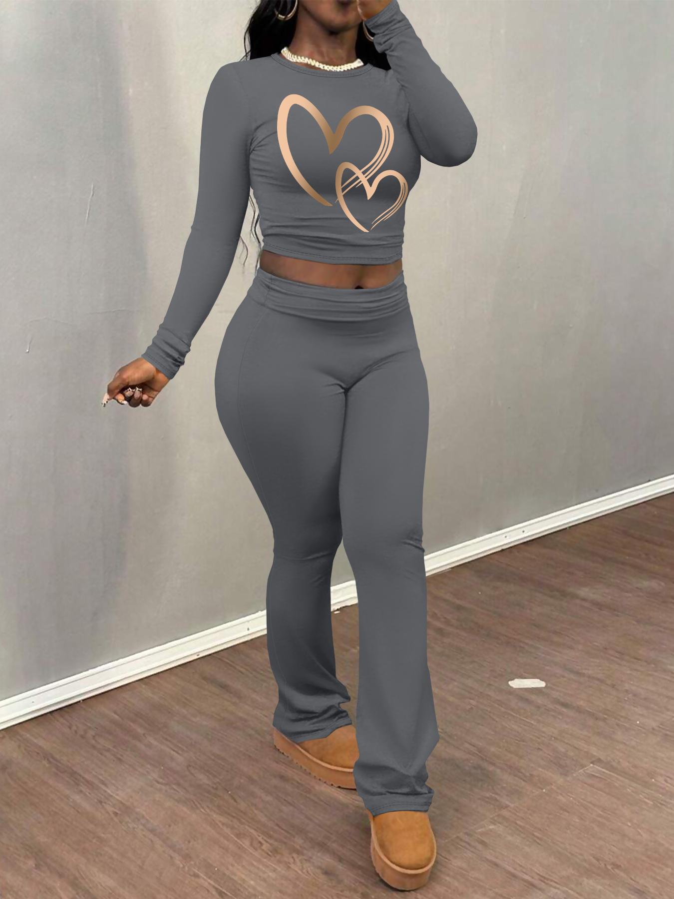 Women's Heart Print Long Sleeve Crop Tee & Flare Leg Pants Two-piece Set, Casual Fashion Round Neck Top & Bell Bottom Trousers for Daily Outdoor Wear, Women's Clothing for Fall & Winter