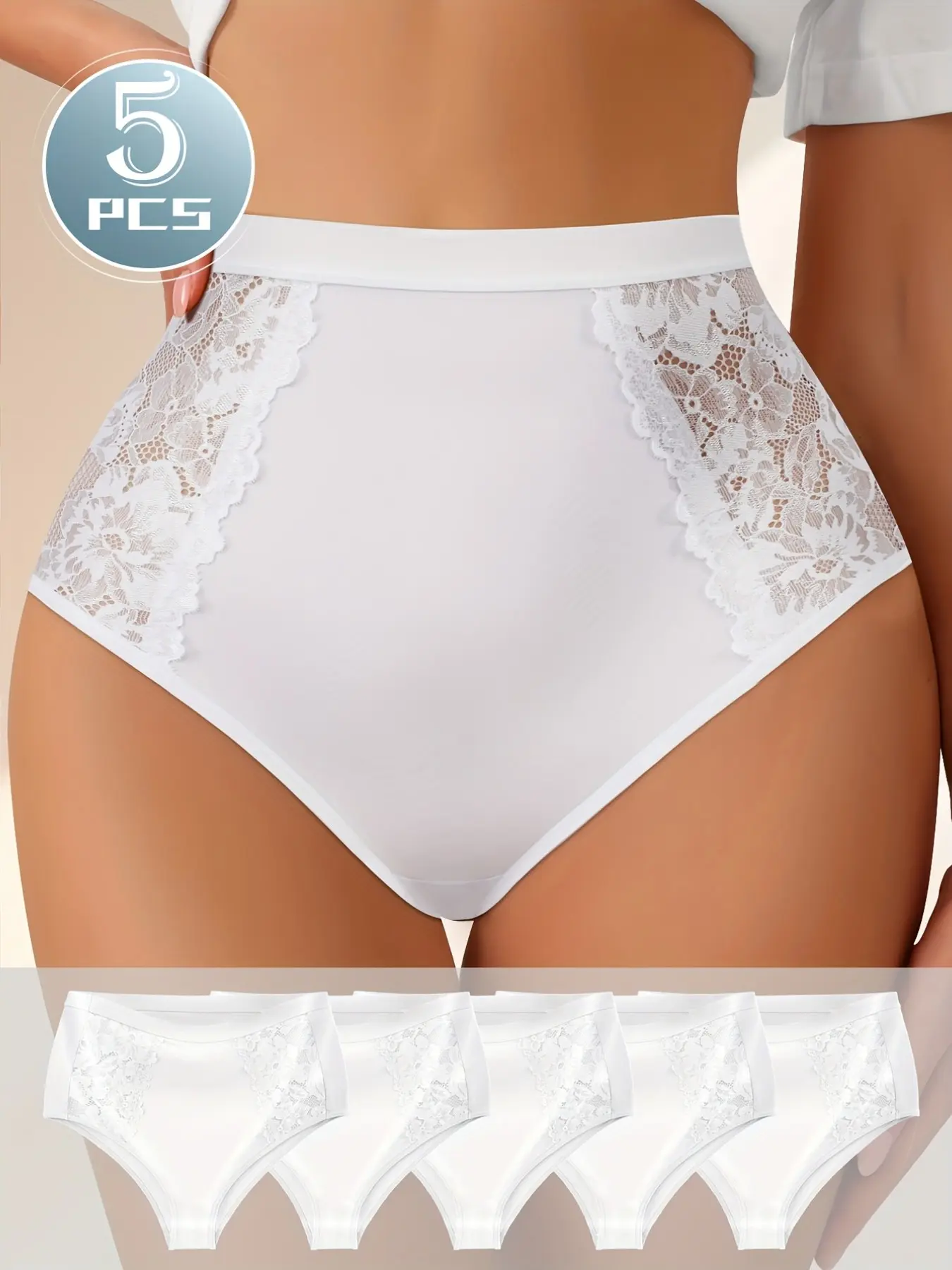 5-Pack High-Waist Underwear Set, Elegant Side Lace Trim, Loose-Fit Casual Lingerie, Plain Design, All-Season Wear