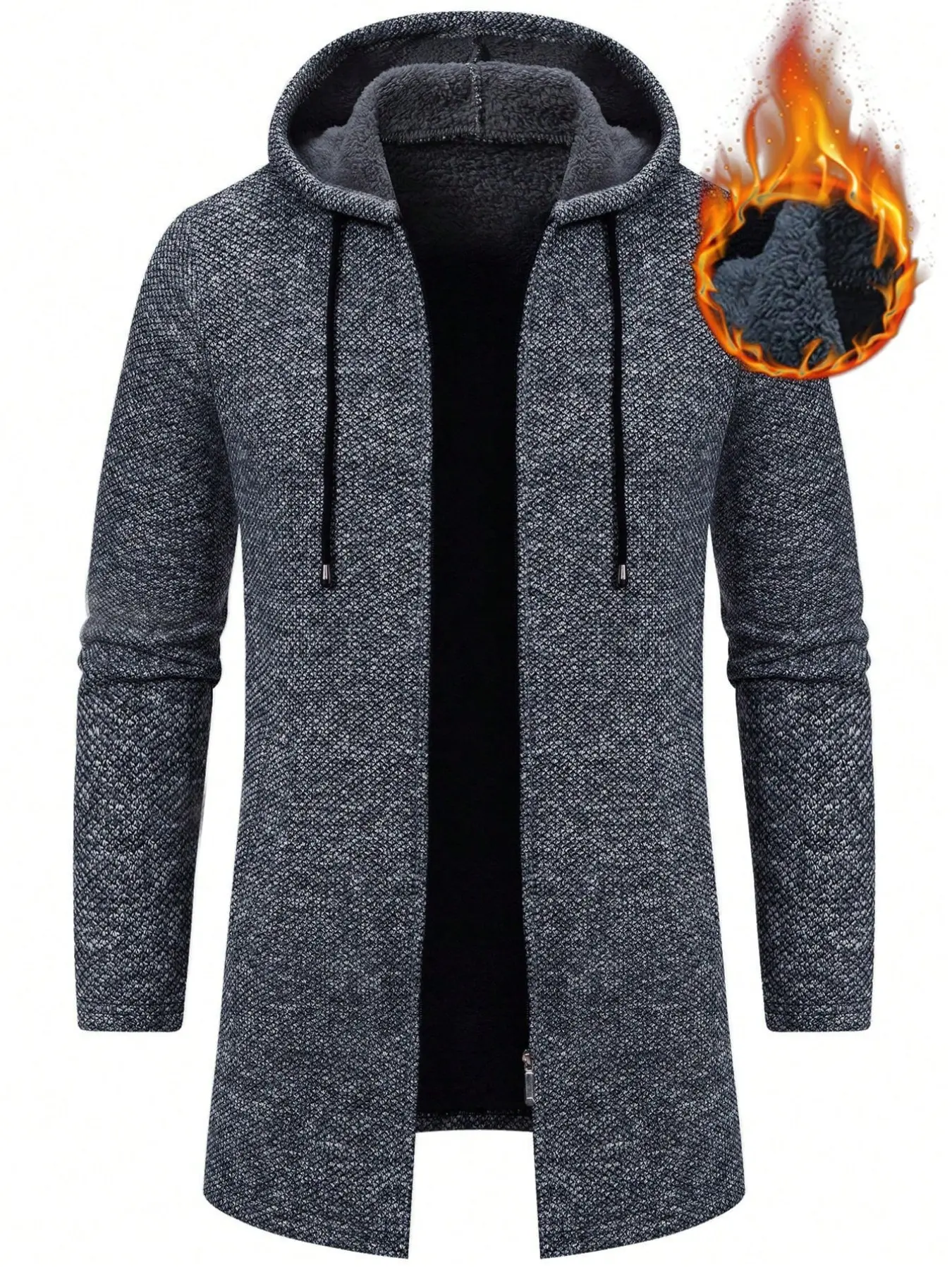 Men's Mid-Length Hooded Knit Cardigan Coat, Thick Fleece Lining, Zipper Front with Drawstring Hood, Textured Knit Fabric, Long Sleeve, Fall Winter Warm Long Sweater Jacket with Side Pockets