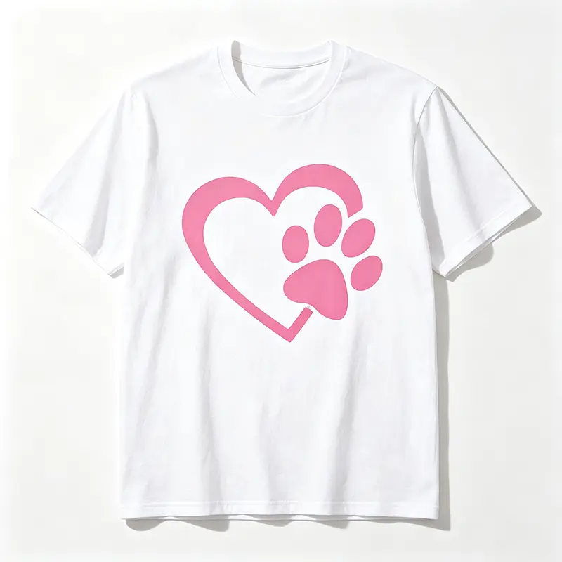 Women's Short-Sleeve Round Neck Pet Lover T-Shirt - Heart Paw Print, Cute Minimalist Graphic, Oversized Fit, Casual Style, Tshirt, Shortsleeve