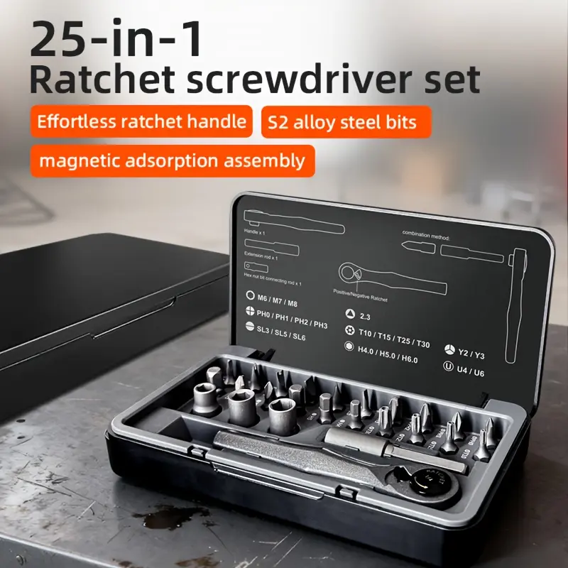 25 in 1 Ratchet Screwdriver Set Multi Size Bits & Sockets Portable Home Repair DIY Tool Kit with Storage Case