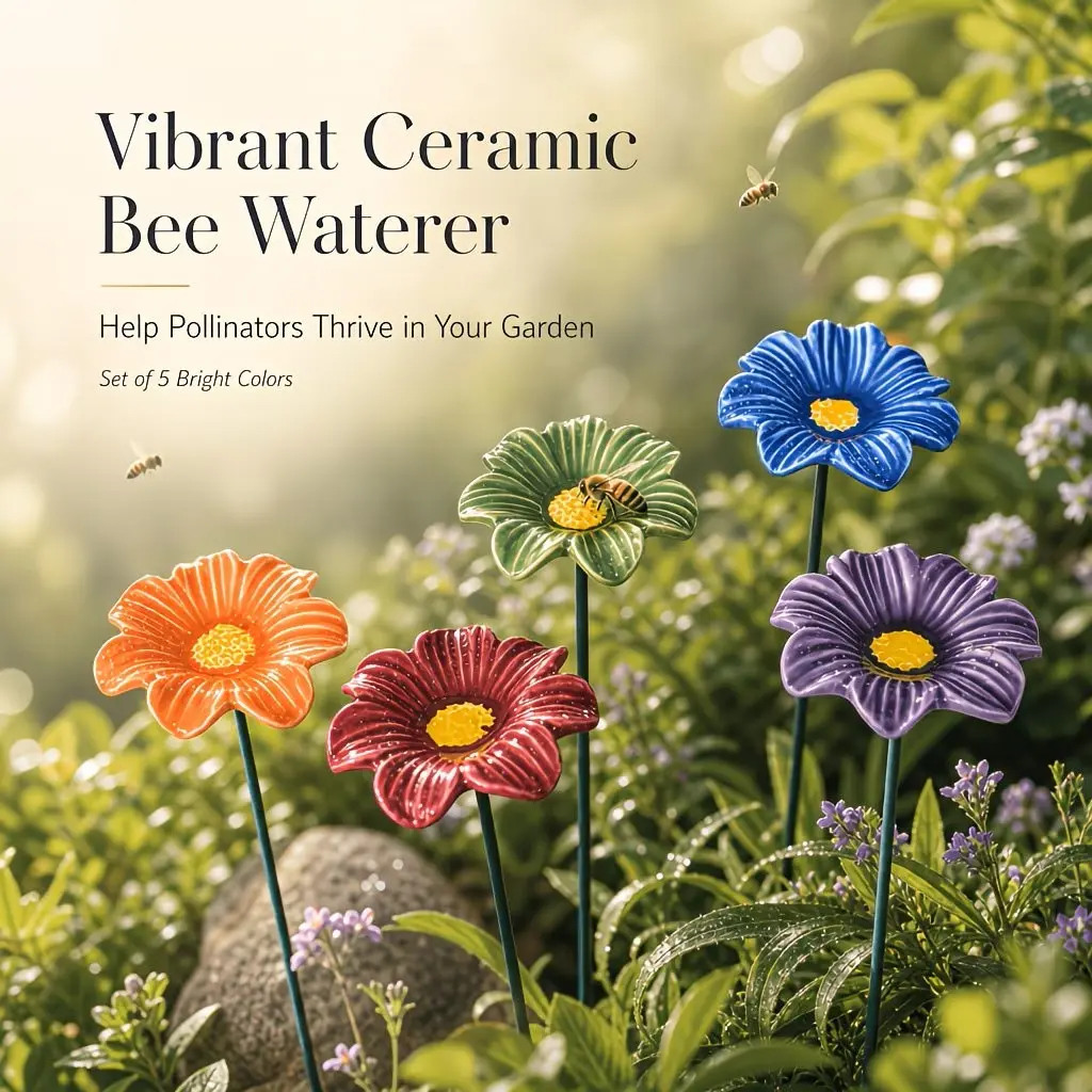 5PC Flower-Shaped Bee Waterer Set, handcrafted from ceramic, featuring an outdoor feeding dish with a garden stake. Suitable for both indoor decoration and outdoor insect feeding, perfect for decorating patios, balconies, and garden paths.