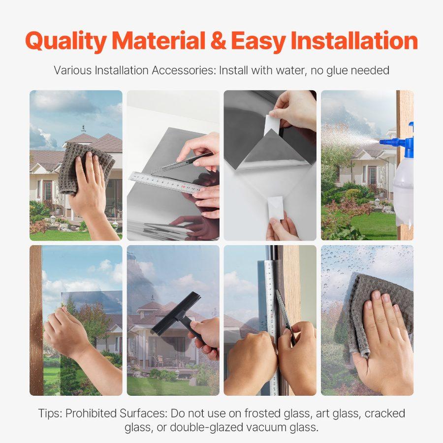 VEVOR Window Privacy Film, One Way Window Tint, Daytime Mirror Reflective Heat Control Glass, Static Cling Sun Blocking See out Not in Window Film for Home and Office, Black-Silver, 35.4 inx 13.1 ft