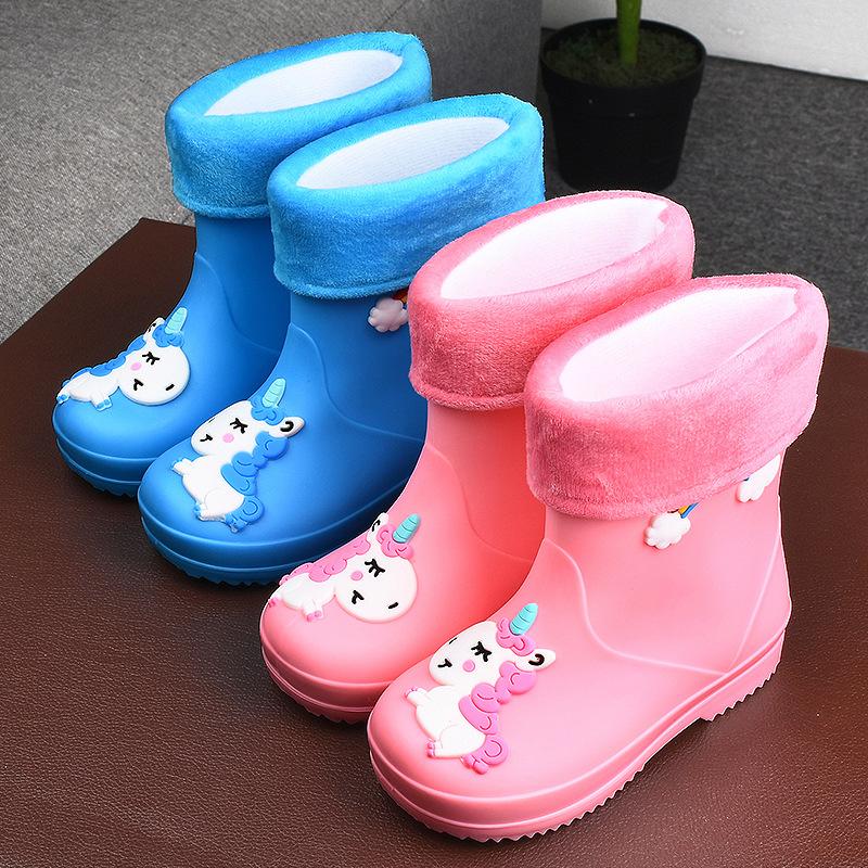 Children's Rain Boots Girls' Elastic Cuff Fleece-Lined Boys' Non-Slip Water Shoes Four Seasons Cartoon Cute Princess Rain Boots Kids' Rain Shoes