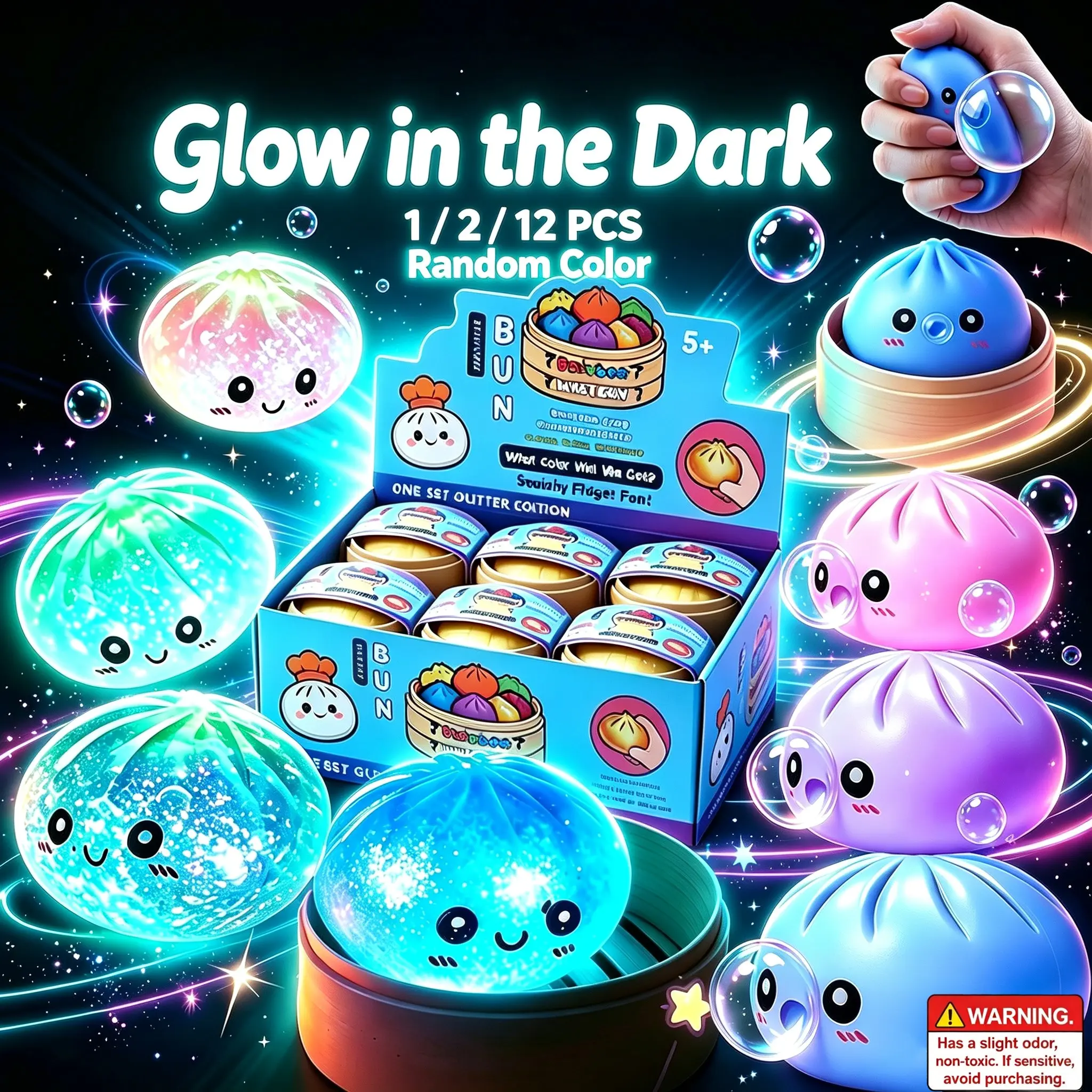 2 Pack Baozi Stress Relief Set, Glitter Night Light & Bubble Bun, Soft Transparent Tpr, Random Colors, Kids Birthday Gift, Office Desk Decor, Blow Bubble Squishy