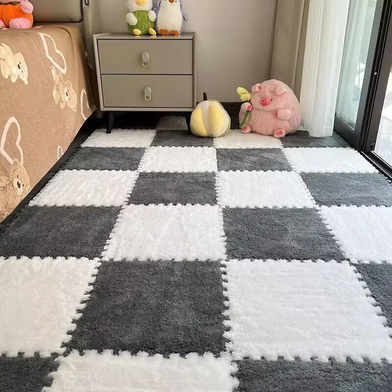 2pcs Thick Plush Puzzle Carpet Eva Foam Mat, Home Bedroom Bedside Square Floor Pad, Cozy Floor Mat, Washable Non-Slip Easy Clean Rug for Living Room Balcony