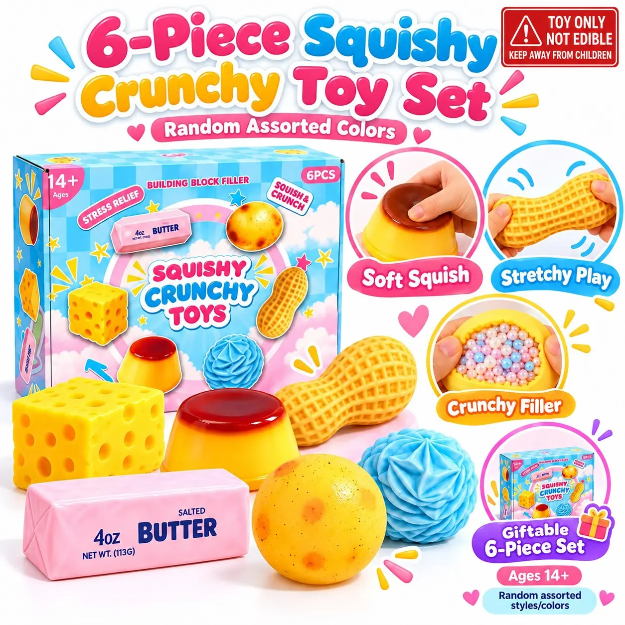 【Black Friday】6pcs Squishy Crunchy Stress Relief Fidget Toys, Squeeze Sensory Decompression Toys, Relaxing Unique Stress Ball Party Gifts, Sensory Room Supplies, 6 Different Food-Shaped Styles, Novelty Holiday Gifts, Soft Squishy Fidgets