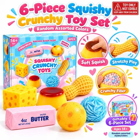 6pcs Squishy Crunchy Stress Relief Fidget Toys, Squeeze Sensory Decompression Toys, Relaxing Unique Stress Ball Party Gifts, Sensory Room Supplies, 6 Different Food-Shaped Styles, Novelty Holiday Gifts, Soft Squishy Fidgets