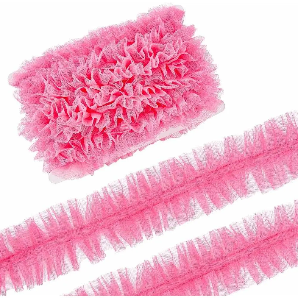 10 Yards Ruffle Pleated Lace Trim 2-3/8 inch Pink Puff Fabric Edge Ribbon Gathered Mesh Edging Trimming Lace Border Organza Mesh Chiffon for Bridal Wedding Dress Clothing Garments Crafts