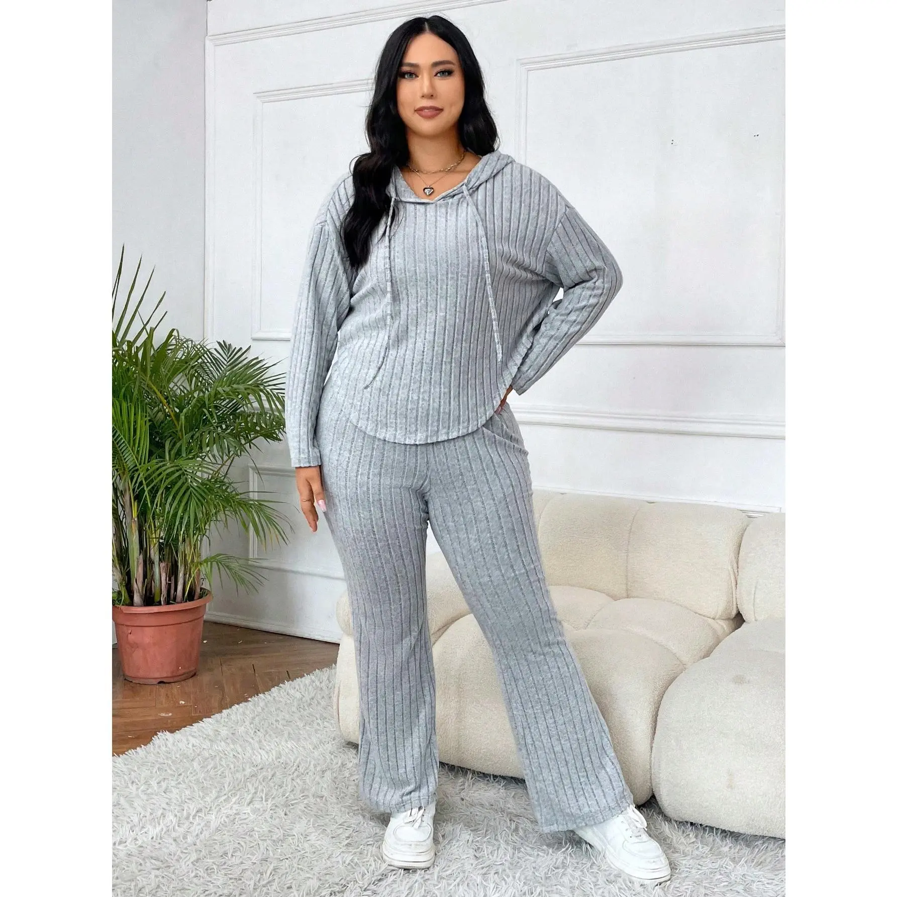 Plus Size 2 Piece Outfit Drawstring Long Sleeve Hoodie and Rib Knit Pants Set