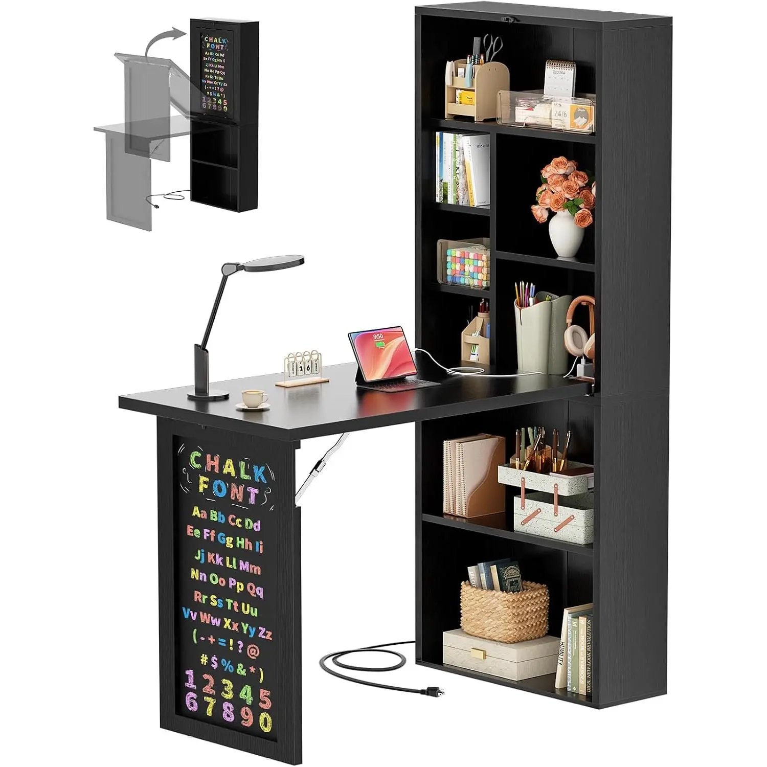 Small Folding Desk with Outlets, Fold-Out  Desk Craft Table | Foldable Wall Mounted Desk Cabinet with Storage, Craft Cabinet with Fold Out Table, Multi-Function Desk for Small Spaces