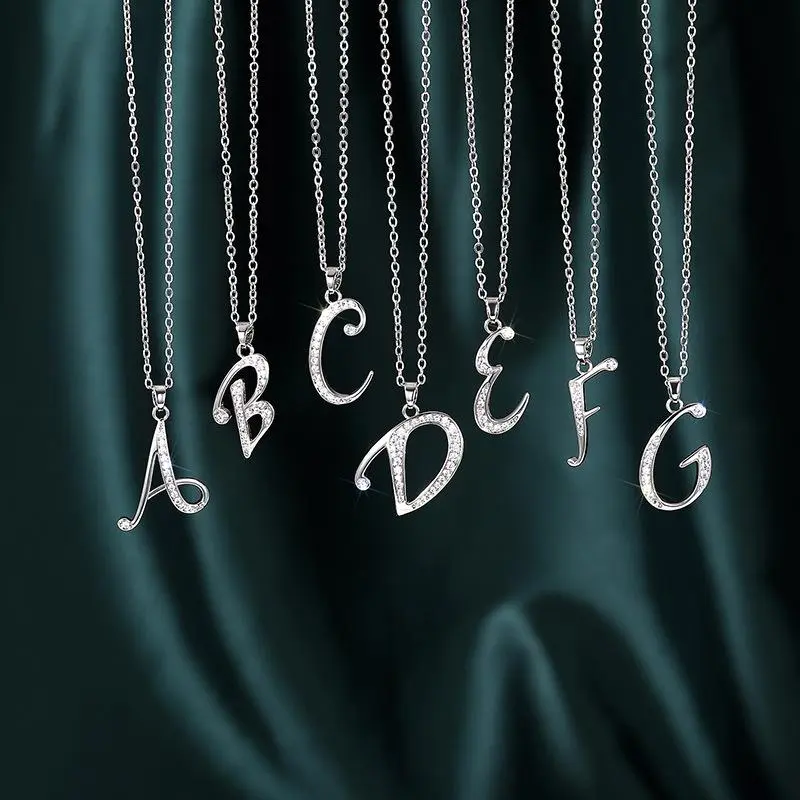 Fashion 26 Letters Pendant Necklace For Women Trendy Cursive Alphabet Charm Necklace Inlaid Shiny Zircon Silver Plated Personalized Name Initial Necklace Delicate Daily Wear Accessory Ideal Birthday Anniversary Surprise Gift For Girlfriend Ladies