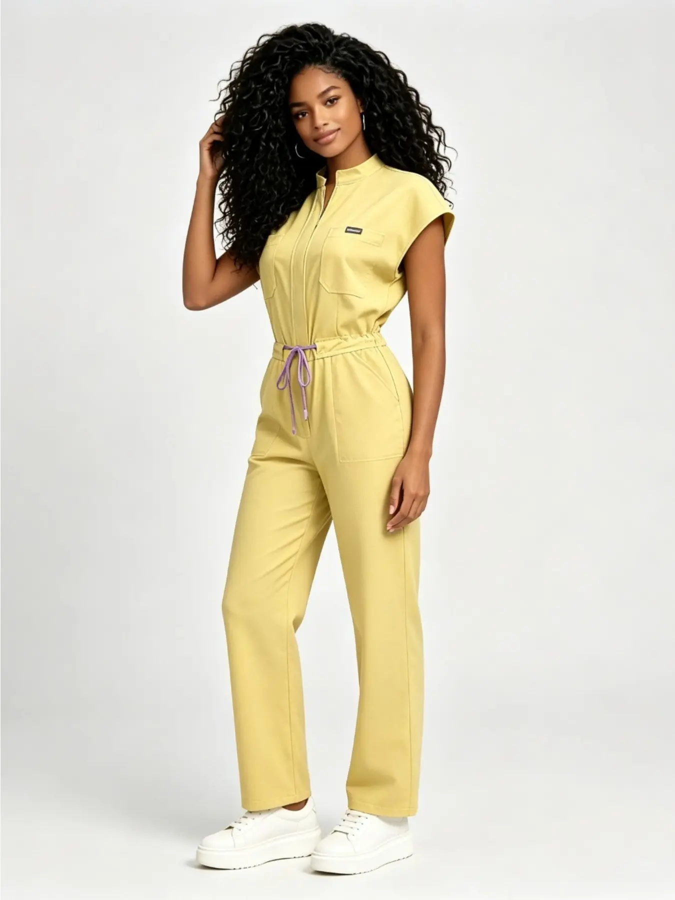 Form‑Fitting Stand Collar Jumpsuit Scrub Uniform Drawstring Waist Workwear For Beauty Spa Clinic Staff Daily Outfit Casual Jumpsuit