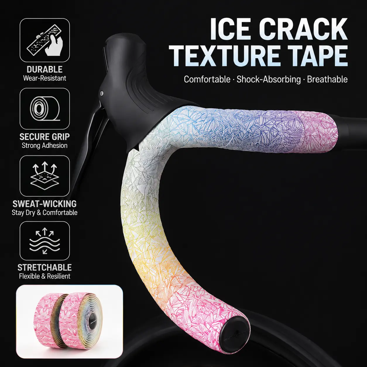 Premium Cork and Synthetic Leather Road Bike Handlebar Tape with Crackle-Finish Texture, Self-Adhesive Design for Secure Grip, Ideal for Cycling Enthusiasts Seeking Comfort, Shock Absorption, and Enhanced Control on Long-Distance Rides