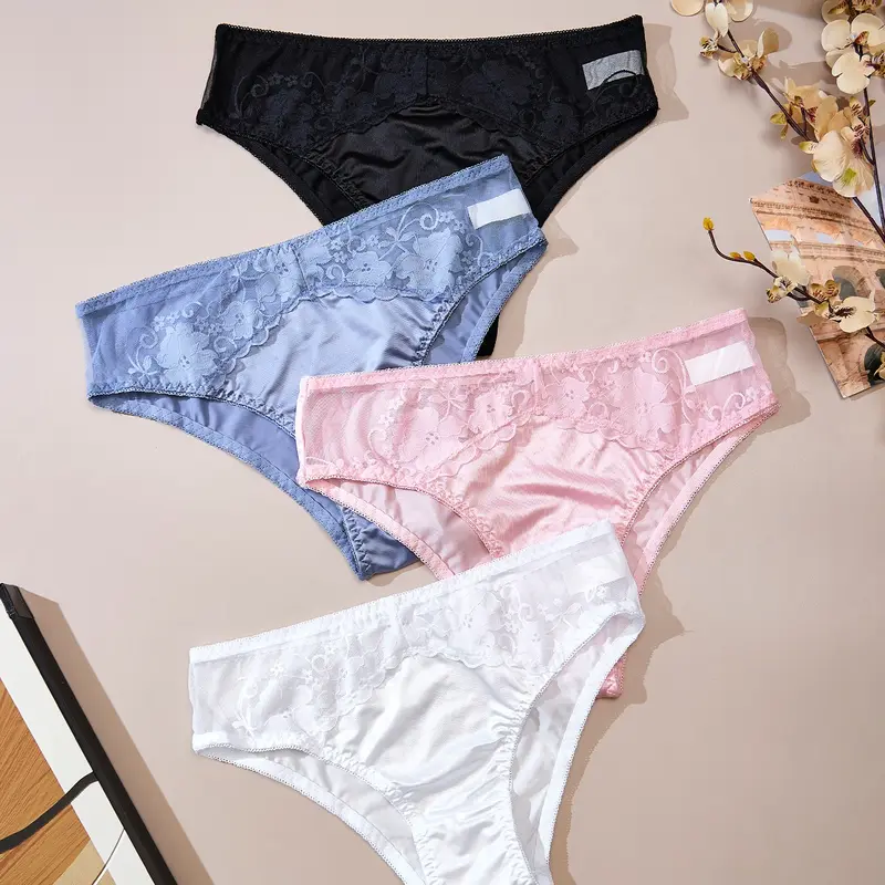 Dorsu Women's Panties Sexy Lace Briefs Set, 4 Pcs Floral Pattern, Fitted Bow Design, Soft Breathable Fabric, All Seasons Comfort, Soft Fit Panty