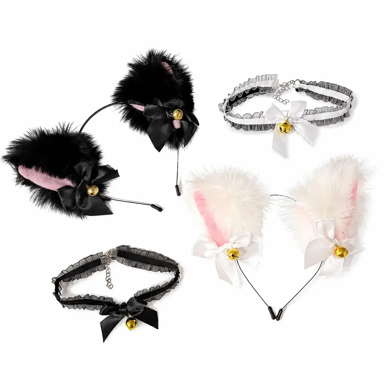 Women’s Adjustable Plush Cat Ear Headband with Delicate Lace Collar and Decorative Bell Accent—Soft Faux Fur Trim, Sturdy Metal Frame, Ideal for Festive Cosplay, Holiday Parties, Outdoor Camping, Picnics, and Themed Events