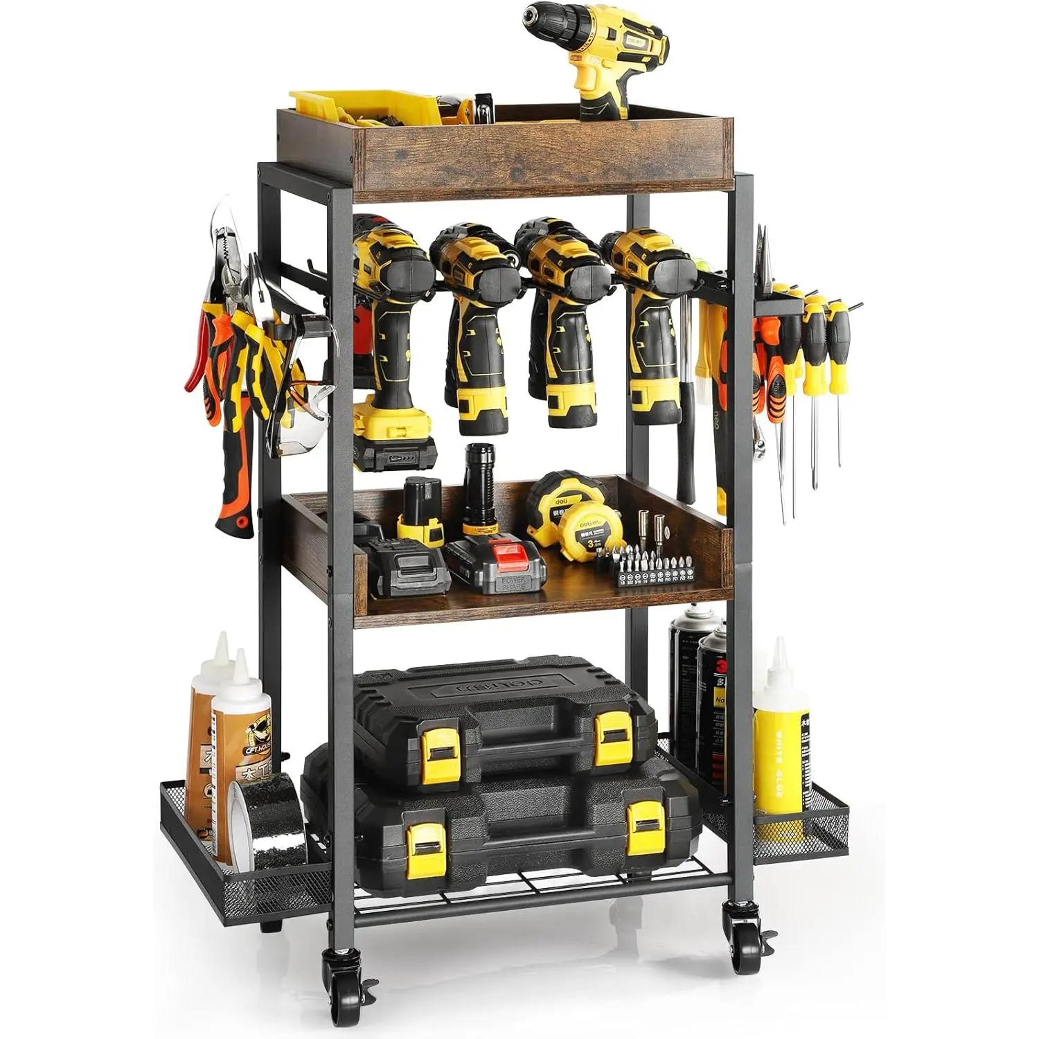 Power Tool Organizer Garage Storage Organization Shelving Tool Holder Drill Rack Shelf Rolling Cart Open Tool Chest Cabinet Box Organizer with Wheels Workshop Garage Gift Ideas  Men Dad