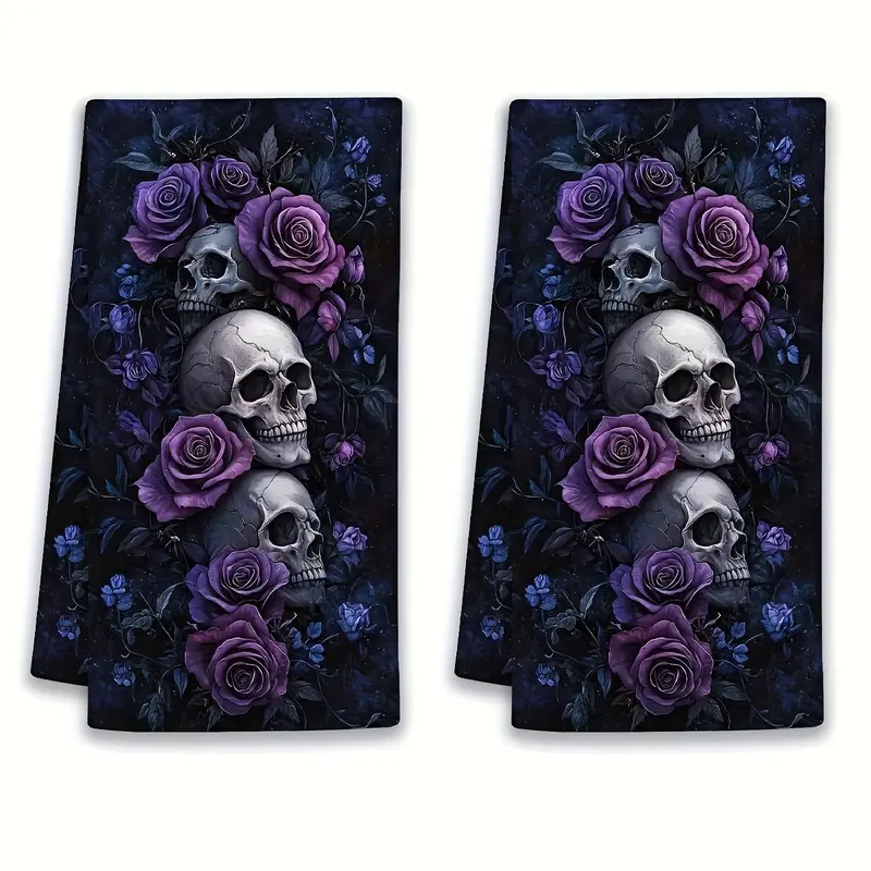 Set of 2 Gothic Skull and Purple Rose Print Kitchen Towels - 16" x 24" Absorbent Decorative Hand Towels featuring Dark Aesthetic Floral Skull Designs; Perfect for Halloween, Goth-style Home Decor, Housewarming, or Holiday Gifting.