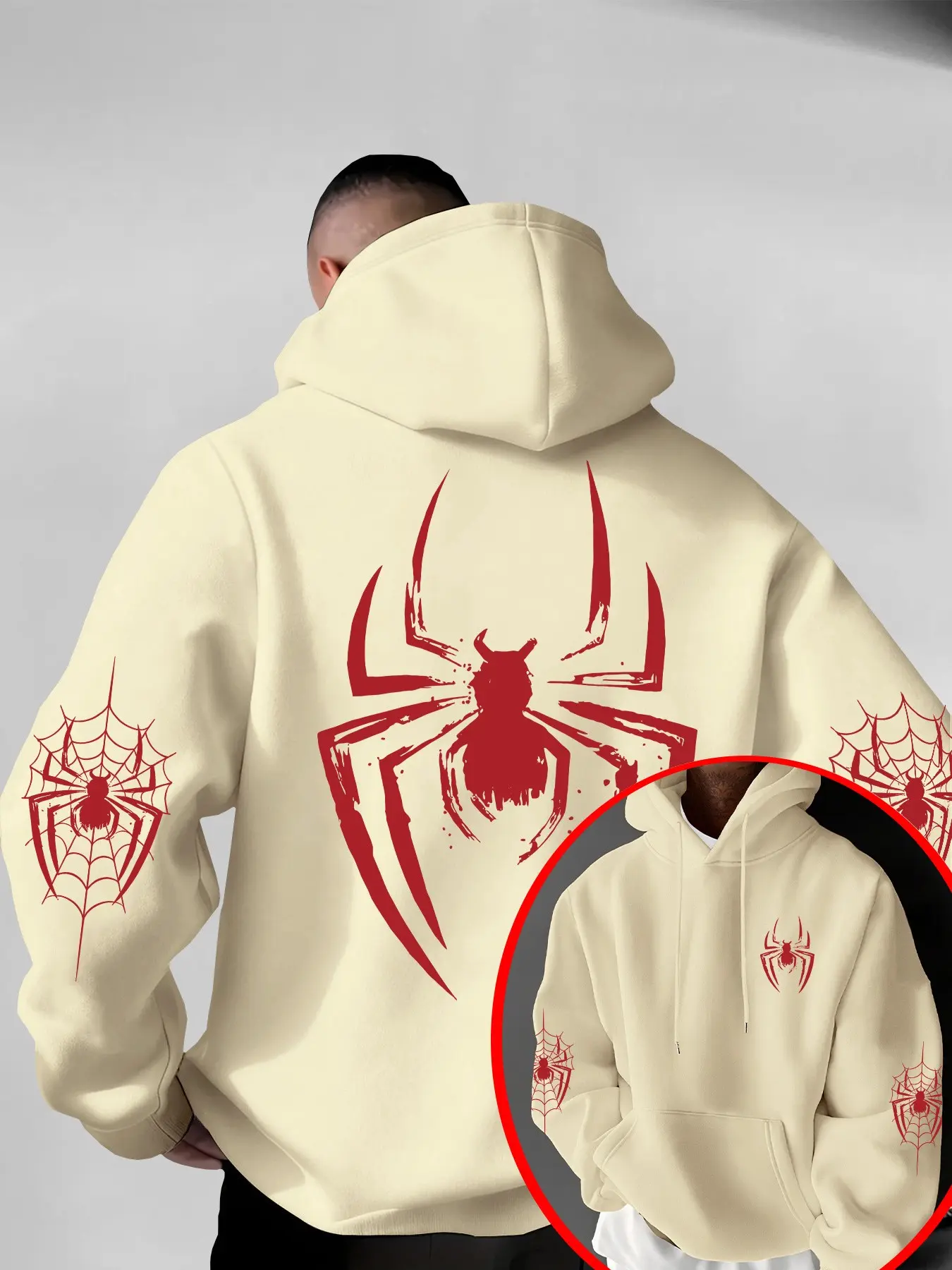 Men's Fall Winter Spider Print Hoodie, Drawstring Kangaroo Pocket Casual Sweatshirt, Streetwear Trendy Hooded Jacket, Comfortable Fitted Design