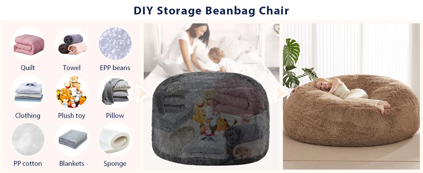 Stuffed Animal Storage Bean Bag Chair Cover (No Filler) Washable Ultra Soft Bean Bag Cover for Organizing Plush Toys or Textile, Sack BeanBag Covers for Adults, Teens, 6FT, Khaki