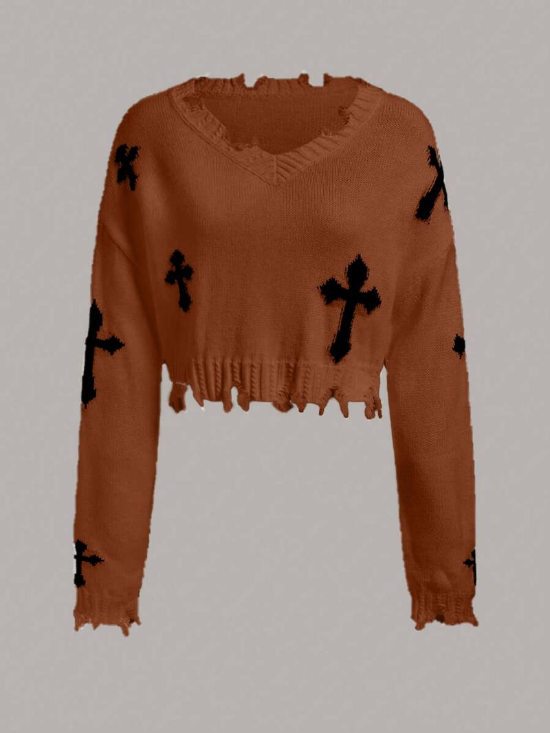 Women's Cross Print Ripped Drop Shoulder Crop Sweater, Street Fashion Chic Style Long Sleeve V Neck Jumper for Daily Outdoor Wear, Ladies Stretchy Knitwear for Spring & Fall Clothes, Casual Sweater for Women, Trending Clothing Women