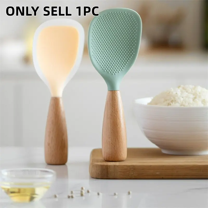 Random Silicone Rice Spoon with Wooden Handle, Durable Heat-Resistant Kitchen Spoon, Non-Stick Stand-Up Rice Scoop, Long-Lasting Design