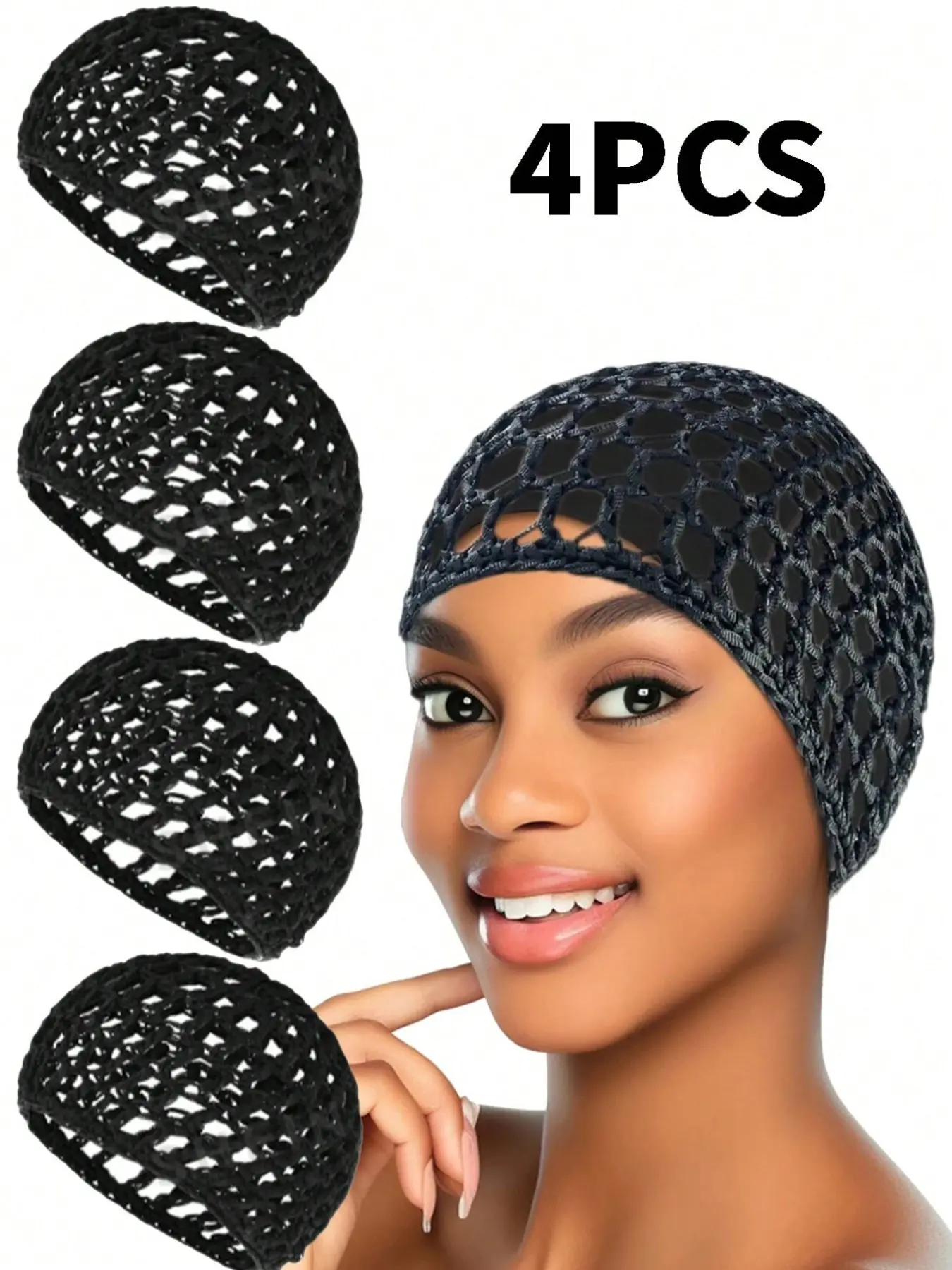 4pcs Hair Net Caps, Sleep Hair Nets, Head Covers For Wigs, Black Mesh Wrap Caps, Hair Wraps, Crochet Wave Chef Hats, Hair Bun Bouffant Caps, Suitable For Women Ballet Dancers Sleep Bonnet, Daily