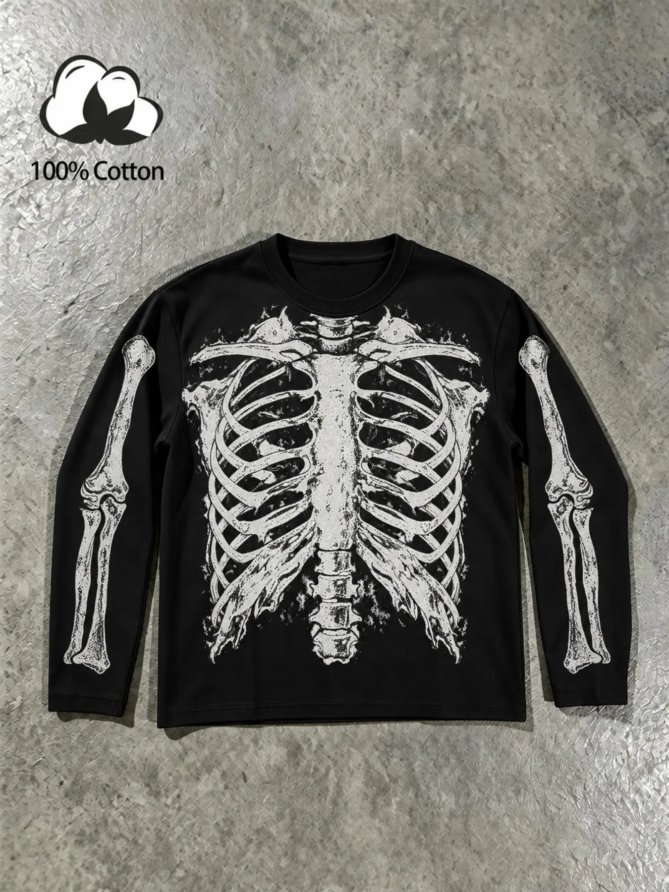 Men's Skeleton Ribcage Long Sleeve Tee - Dark Aesthetic Graphic Top - Halloween Spooky Party Shirt
